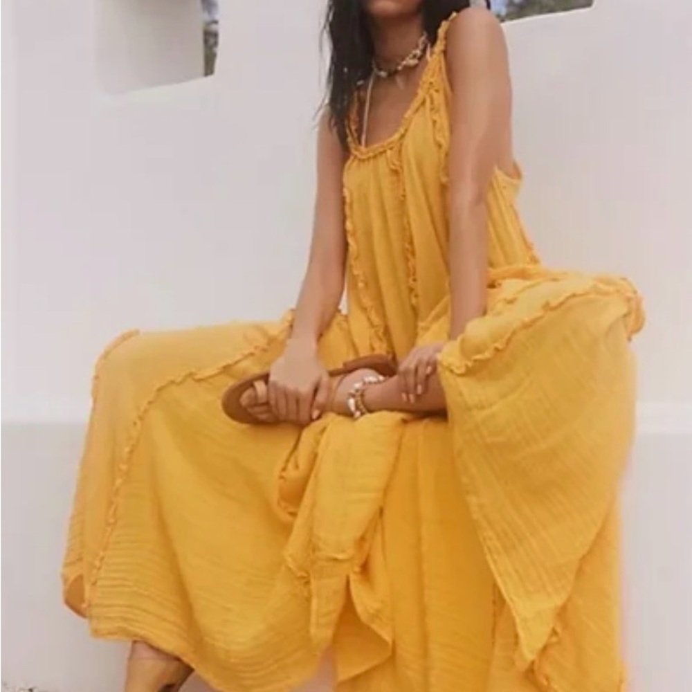 Free People McKinley Ruffle Maxi Dress, Saffron Yellow, Size XL